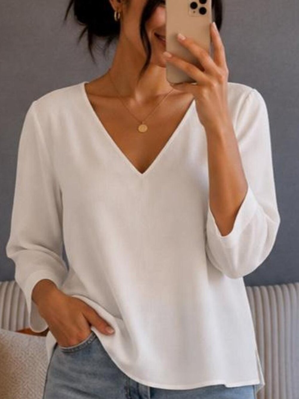H&M White V-Neck Long Sleeve Top